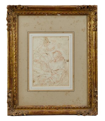 Lot 1322 - Old Master type sepia pen and ink study of a monk and cherub in glazed gilt frame. The image 18.5 x 13.5cm