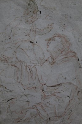 Lot 1322 - Old Master type sepia pen and ink study of a monk and cherub in glazed gilt frame. The image 18.5 x 13.5cm