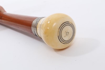 Lot 889 - Victorian Malacca gadget walking stick, with silver collar (London 1884) and hollow threaded Ivory knop handle, containing a set of dice and a separate set of miniature dominoes
