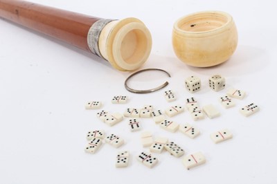 Lot 889 - Victorian Malacca gadget walking stick, with silver collar (London 1884) and hollow threaded Ivory knop handle, containing a set of dice and a separate set of miniature dominoes