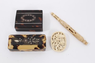 Lot 697 - Two Victorian tortoiseshell snuff boxes, canton ivory brooch and carved bone pen