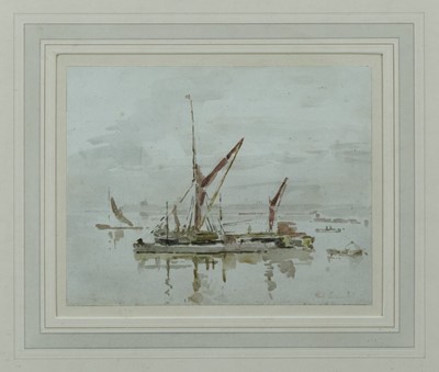 Lot 1329 - Early 20th century, English School, watercolour - barges at anchor, indistinctly signed, inscribed verso R. Academy 1947, in glazed frame, 20cm x 25.5cm