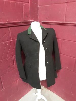 Lot 987 - Vintage Moss Bros black hunting coat with green collar and New Forest Buckhounds buttons