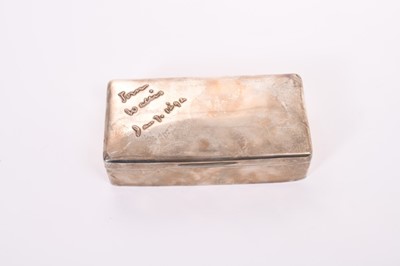 Lot 424 - Victorian silver cigarette box of rectangular form, hinged lid with applied facsimile signature and cedar lined interior, (London 1890), makers mark rubbed, 17.5cm in overall length