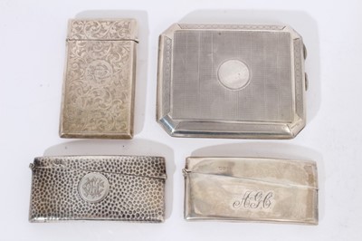 Lot 426 - George V silver cigarette case of rectangular form with canted corners and engine turned decoration, (Birmingham 1926), maker Henry Matthews, together with a late Victorian silver card case with en...