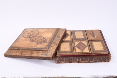Lot 227 - Meiji period Japanese nest of straw work boxes, domed rectangular cover inlaid with fans, enclosing interior of six lidded boxes, 33cm long