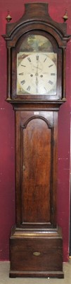 Lot 620 - 19th century eight day longcase clock by J.A.Elrick, Kirkwall, with painted arched dial with subsidiary seconds and date, in oak case , pendulum present ,225 cm high