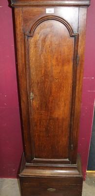 Lot 620 - 19th century eight day longcase clock by J.A.Elrick, Kirkwall, with painted arched dial with subsidiary seconds and date, in oak case , pendulum present ,225 cm high