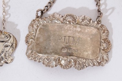 Lot 439 - Three Elizabeth II silver decanter labels, two engraved Rum and one Sherry, (various dates and makers), together with two Victorian mourning brooches, silver sweet heart brooch and other silver and...