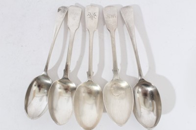 Lot 443 - Victorian silver fiddle pattern desert spoon, (London 1846) together with other Georgian and later silver flatware to include spoons and fiddle pattern forks (various dates and makers) and a silver...