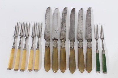 Lot 444 - Set of six 19th century dinner knives with steel blades and turned horn handles, together with seven steel fruit forks with turned ivory handles and white metal end caps, knives 24cm in overall len...