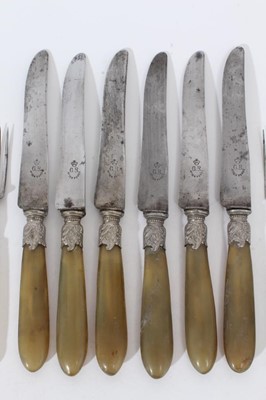 Lot 444 - Set of six 19th century dinner knives with steel blades and turned horn handles, together with seven steel fruit forks with turned ivory handles and white metal end caps, knives 24cm in overall len...