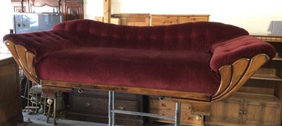 Lot 219 - Victorian oak framed settee with buttoned red upholstery, 233cm wide, 91cm deep, 75cm high