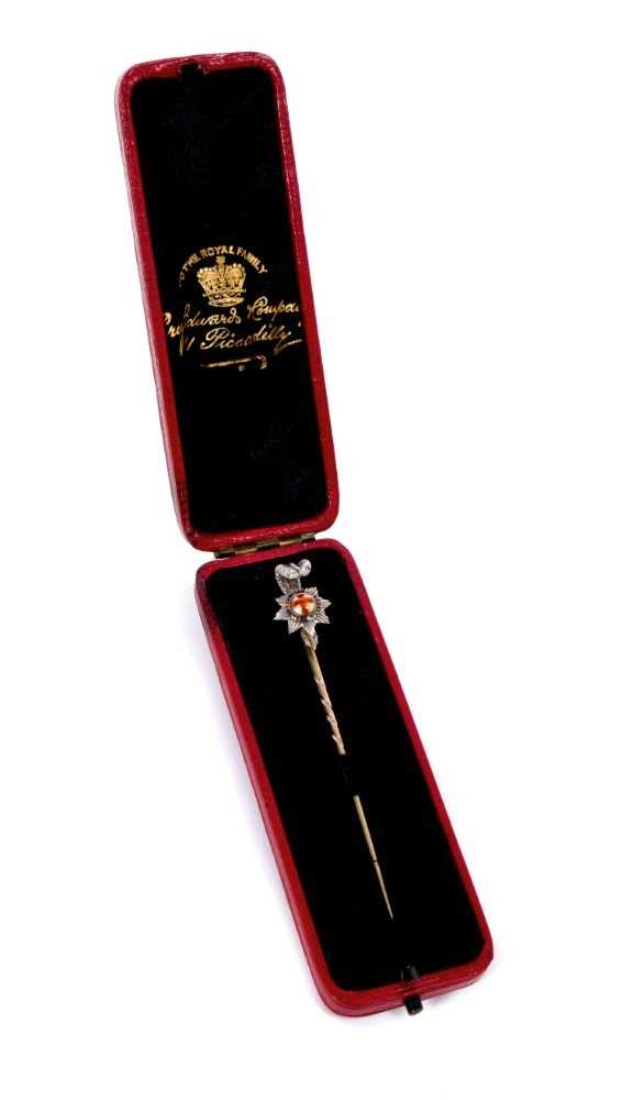 Lot 13 - Fine quality Victorian Officers East Surrey regiment gold and enamel stick pin in red Moroccan leather case