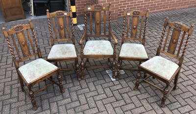 Lot 226 - Set of five 1920's oak chairs with spiral twist supports and drop in seats, comprising four standards and one carver