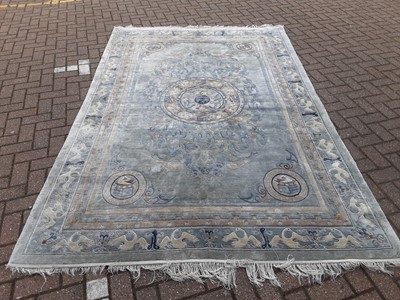Lot 232 - Good quality chinese rug with heron decoration on blue ground, 280cm x 184cm
