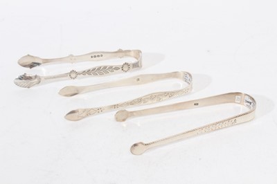 Lot 506 - 3 pairs of George III Bateman silver sugar tongs, with bright cut engraved decoration