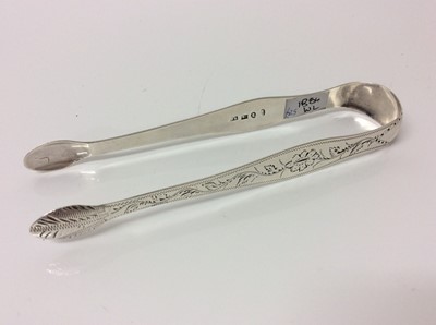Lot 303 - 5 pairs of George III silver sugar tongs, with bright cut engraved decoration, London circa.