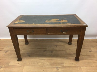 Lot 278 - Edwardian oak desk with lined top, two drawers below on square taper legs, 122cm wide, 68cm deep, 74cm high