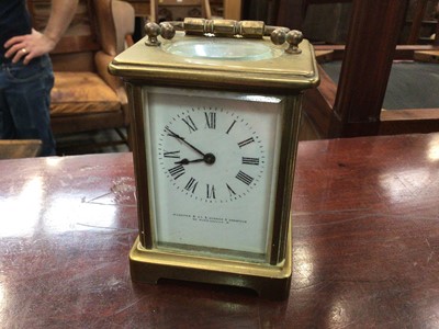 Lot 111 - Brass cased carriage clock, the white enamel dial signed Webster & Co. & Jenner & Knewstub