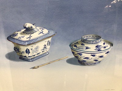 Lot 110 - Michael Potter (Contemporary) watercolour, pair - Korean blue pottery
