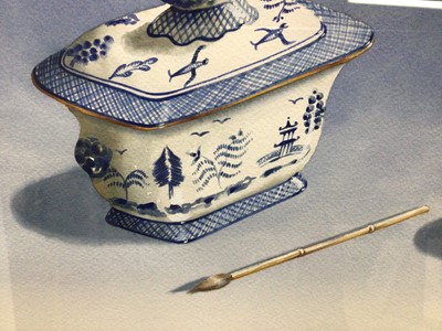 Lot 110 - Michael Potter (Contemporary) watercolour, pair - Korean blue pottery