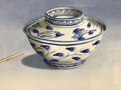 Lot 110 - Michael Potter (Contemporary) watercolour, pair - Korean blue pottery