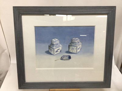 Lot 110 - Michael Potter (Contemporary) watercolour, pair - Korean blue pottery