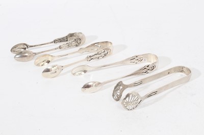 Lot 517 - Pair Victorian Scottish Arts & Crafts silver sugar tongs with pierced decoration, and others