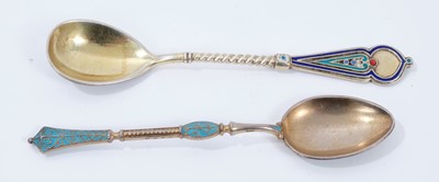 Lot 316 - Imperial Russian silver gilt and cloisonné enamel spoons with teardrop bowl and twist stem, stamped with marks for 88 Zolotnik and assayer A.K., 11cm overall length together with another silver and...