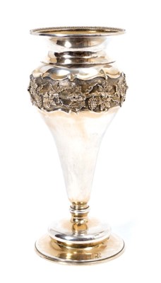 Lot 337 - George V silver spill vase of tapered form with applied decoration of fruiting vines