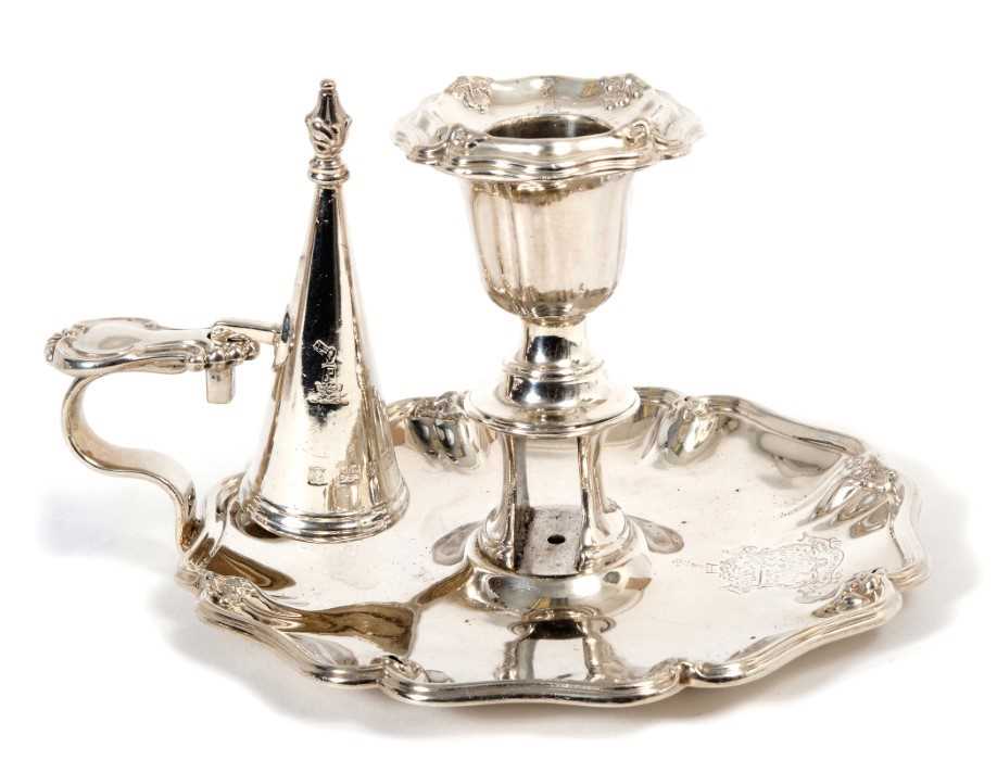 Lot 338 - Victorian silver chamberstick of shaped circular form with pie crust borders, engraved armorial