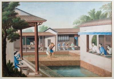 Lot 826 - Scarce set of four 19th century Anglo-Chinese watercolours of tea harvesting scenes