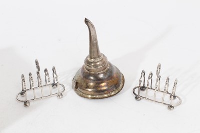 Lot 469 - 18th century silver wine funnel, together with a pair of miniature toast racks