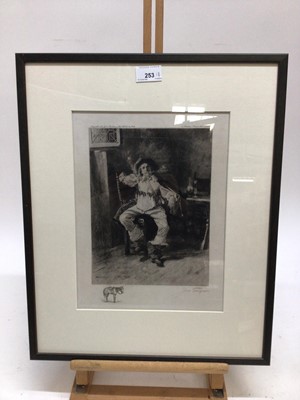 Lot 305 - After Ernest Messonier (1815-1891) signed etching, Cavalier, published 1906, together with a group of three pen and ink scenes, framed as one and two further works