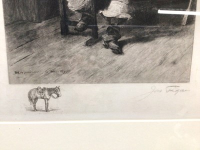 Lot 305 - After Ernest Messonier (1815-1891) signed etching, Cavalier, published 1906, together with a group of three pen and ink scenes, framed as one and two further works