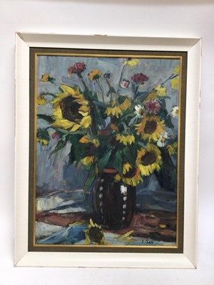 Lot 30 - Janos P. Bak (1913-1981) - oil on canvas - still life of sunflowers and summer flowers in stoneware vase