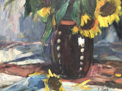 Lot 92 - Janos P. Bak (1913-1981) - oil on canvas - still life of sunflowers and summer flowers in stoneware vase