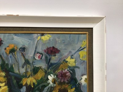 Lot 92 - Janos P. Bak (1913-1981) - oil on canvas - still life of sunflowers and summer flowers in stoneware vase