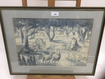 Lot 128 - Old master style watercolour of a figure and animals