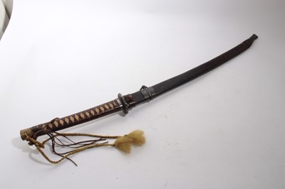 Lot 888 - Second World War and earlier Japanese officers' katana with curved fullered blade, stamped 107 by Tsuba, blade 66cm, in an associated leather scabbard, 100cm overall