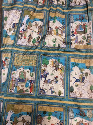 Lot 383 - Two pairs of long length unlined glazed printed cotton curtains decorated with Ottoman warriors