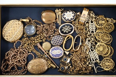 Lot 567 - Collection of Victorian gilt metal jewellery to include seven lockets, guard chains, pair of banded agate and black enamel earrings, antique watch cock necklace, scarf rings etc.