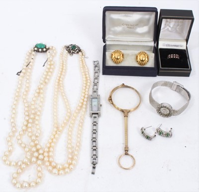 Lot 199 - Group vintage costume jewellery including two pearl necklaces, earrings, wristwatches etc