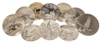 Lot 281 - Set of ten ceramic plates with hand painted animal scenes, signed 'F. Paton', probably for Frank Paton (1856-1909) and dated 1881 and 1882, 23.5cm diameter