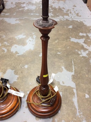Lot 26 - Pair of large turned wood lamps with toleware style shades