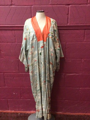 Lot 1904 - Japanese summer weight kimono circa 1930s printed silk with surface embroidered flowers and ducks. Unlined, long length.