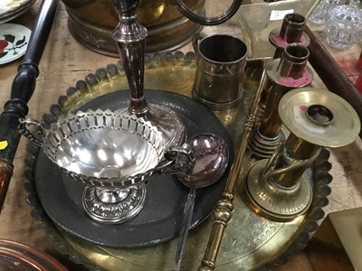 Lot 19 - Two 19th century copper warming pans, copper coal scuttle, silver plate and other metalware