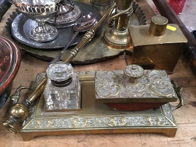 Lot 19 - Two 19th century copper warming pans, copper coal scuttle, silver plate and other metalware