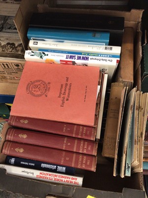 Lot 70 - Five boxes of mixed ephemera and books include Giles annuals, Ian Botham signed Essex cricket programme, theatre programmes and other items
